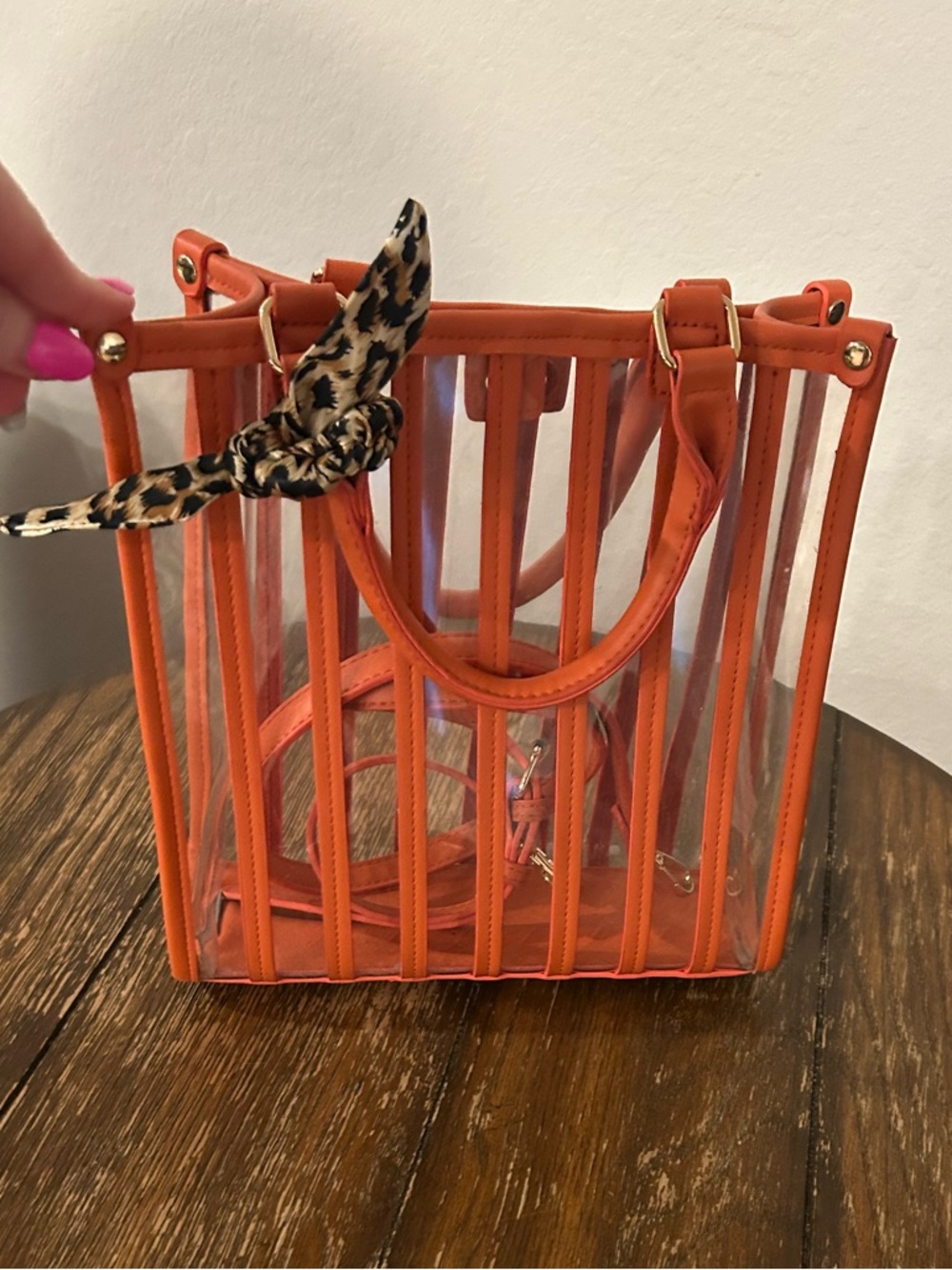 Clear Orange Stripe Tote with Leopard Scarf Accent